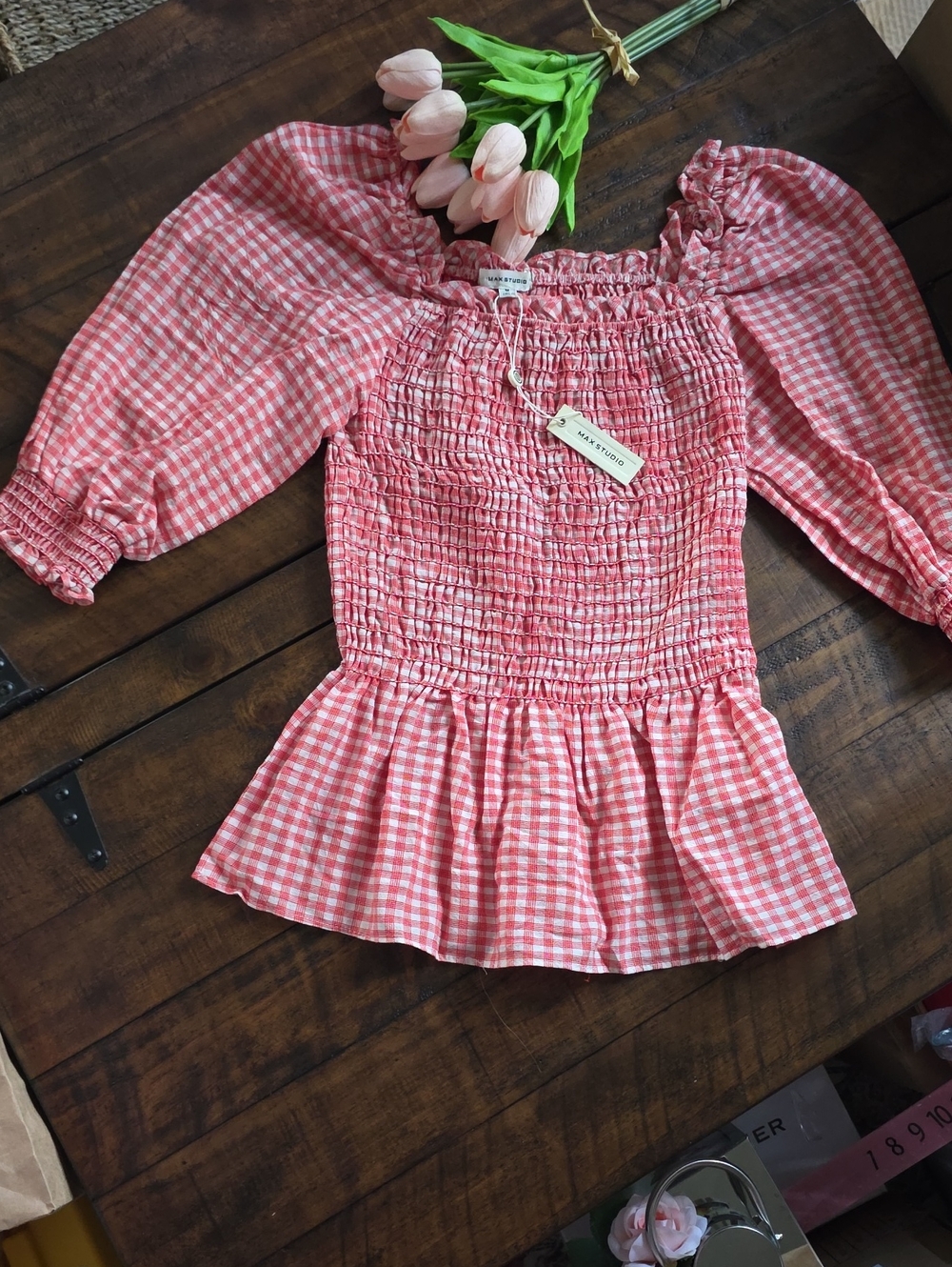 Max Studio Pink Gingham Smocked Peplum Blouse